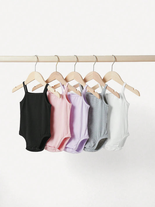 Baby Girl 5pcs Solid Color Bodysuit With Straps And Snaps