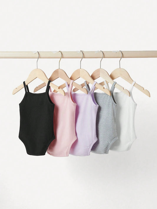 Baby Girl 5pcs Solid Color Bodysuit With Straps And Snaps