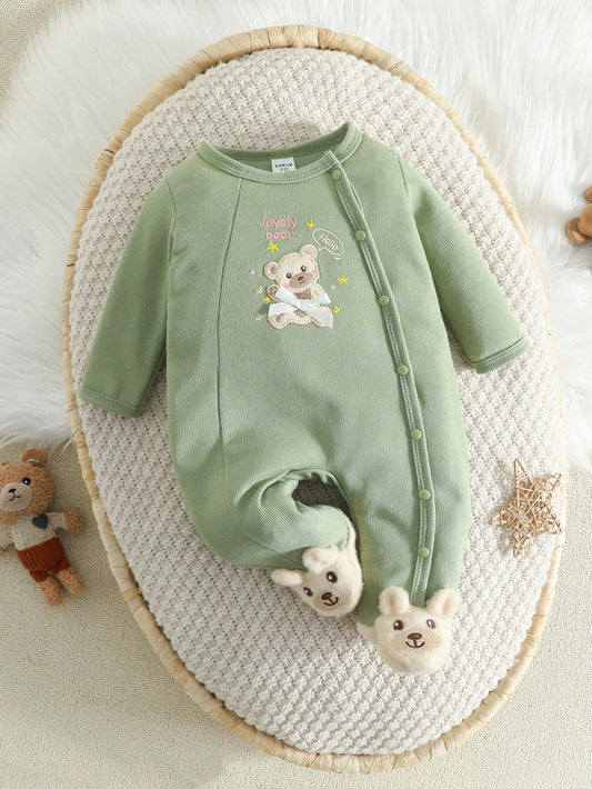 Mummy & Mee Baby Girl Bear Embroidery Long Sleeve Sleepsuit With Footies 6-9M