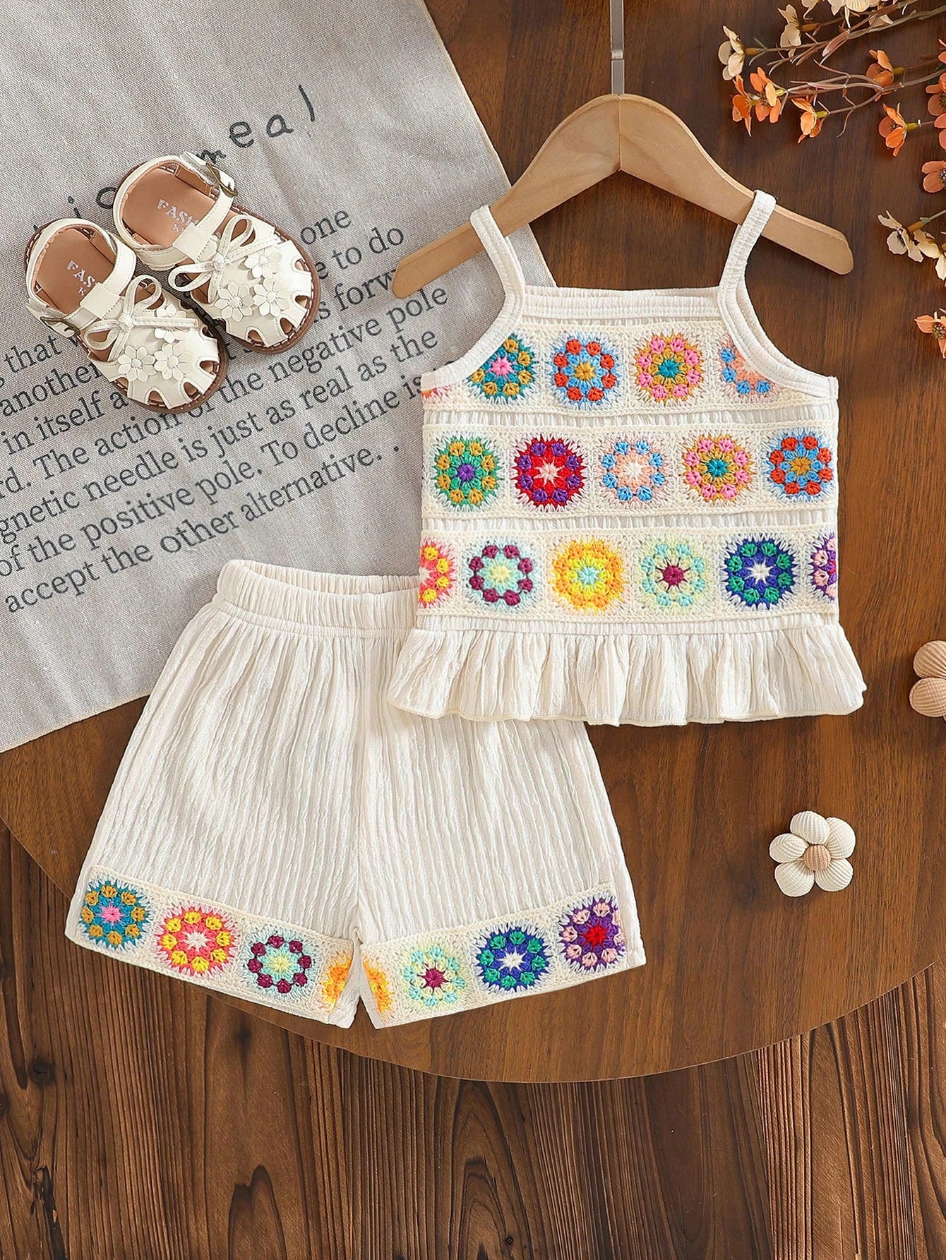 Multicolor Ruffle Contrast Camisole And Ruffle Trim Shorts Set