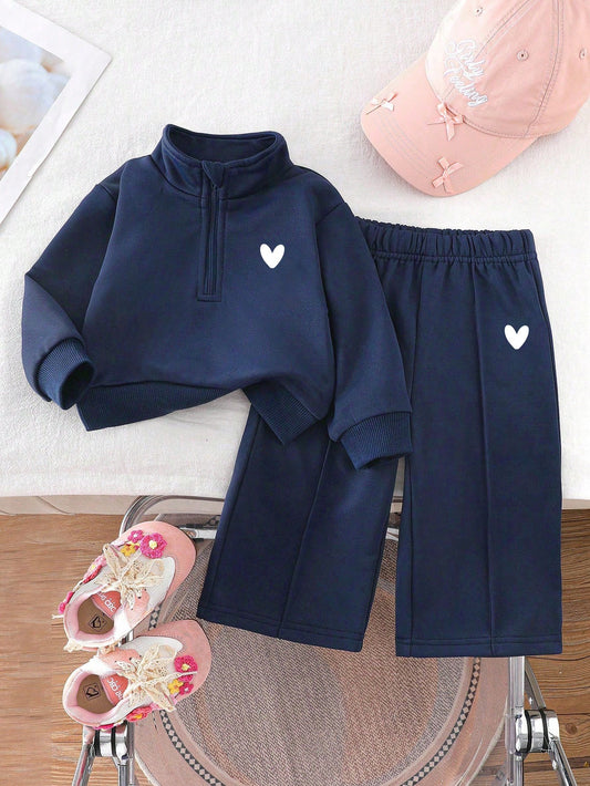 Baby Girl Cartoon Heat Transfer Print Solid Color Sportswear Set