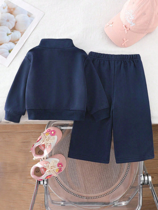 Baby Girl Cartoon Heat Transfer Print Solid Color Sportswear Set