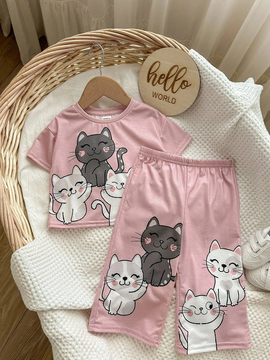 Baby Girl Cartoon Pattern Short Sleeve T-Shirt And Long Pants Set