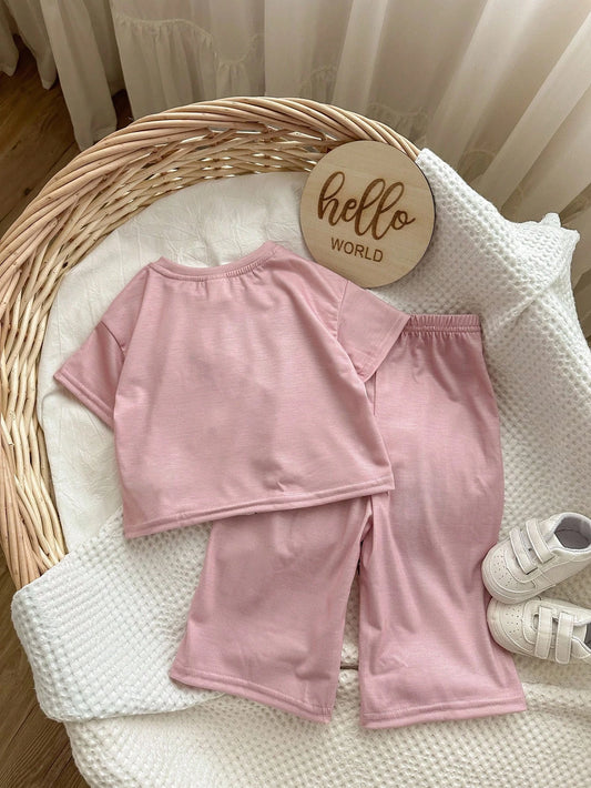 Baby Girl Cartoon Pattern Short Sleeve T-Shirt And Long Pants Set