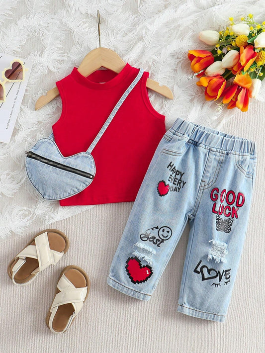 Baby Girl Casual Solid Color Collar Vest & Slogan Heart Printed Ripped Jeans Set 2-3Y