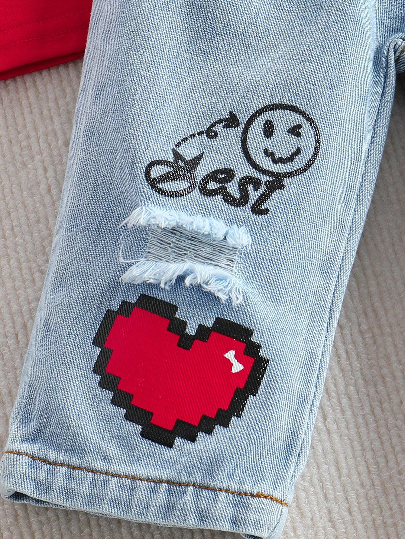 Baby Girl Casual Solid Color Collar Vest & Slogan Heart Printed Ripped Jeans Set