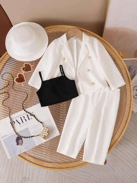 Baby Girl Casual Solid Color Suit Collar Shirt, Camisole Top, Long Pants, And Hat Set White