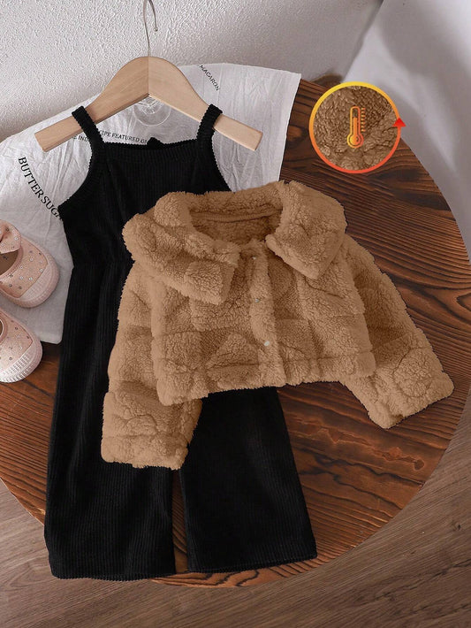 Casual Thicken Fleece Plaid Jacquard Jumpsuit Set Khaki
