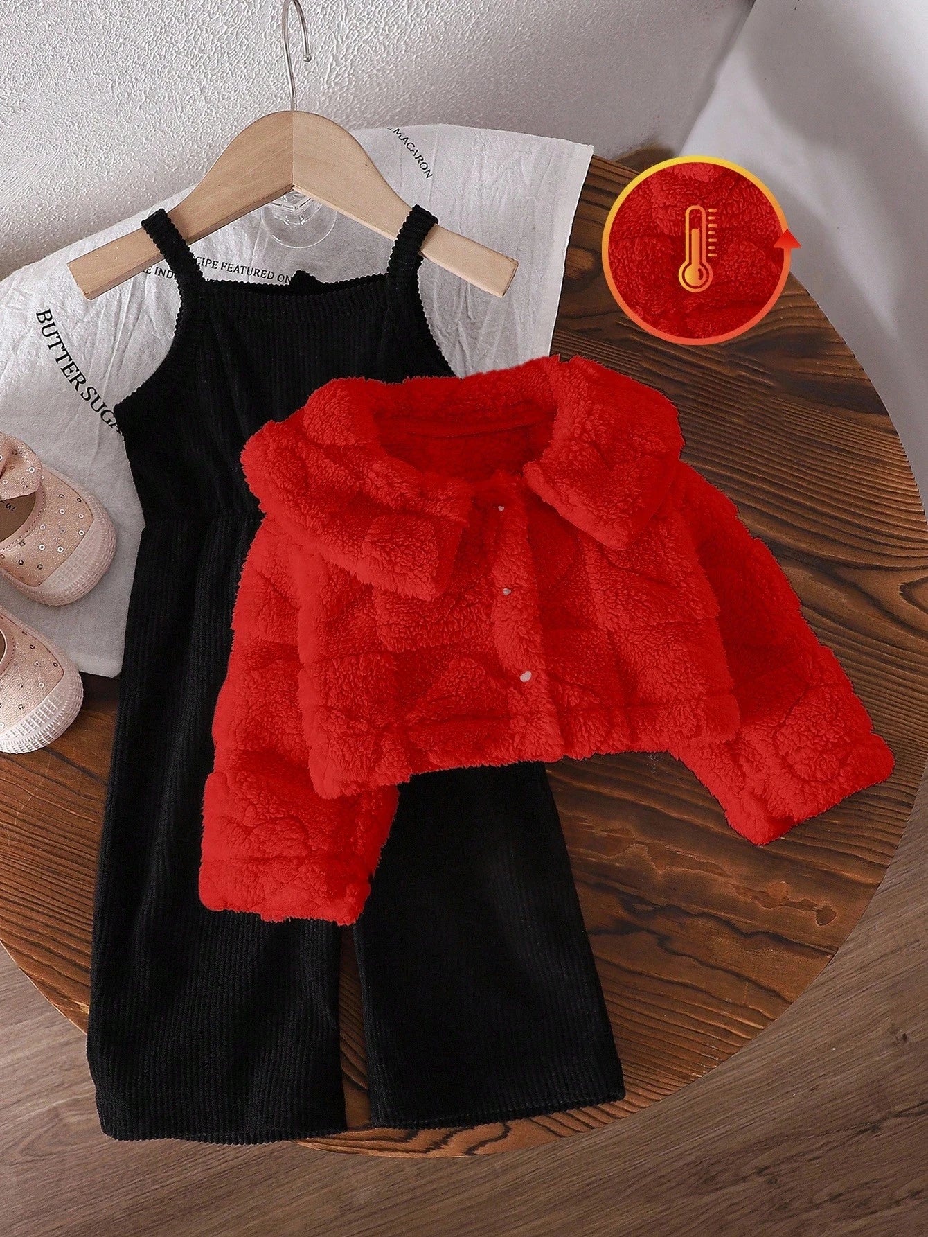 Casual Thicken Fleece Plaid Jacquard Jumpsuit Set Red