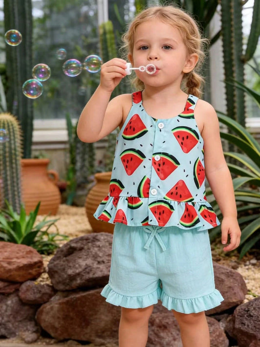 Mummy & Mee, Baby Girl Watermelon Print Ruffle Strap Top And Light Green Shorts 2pcs Set