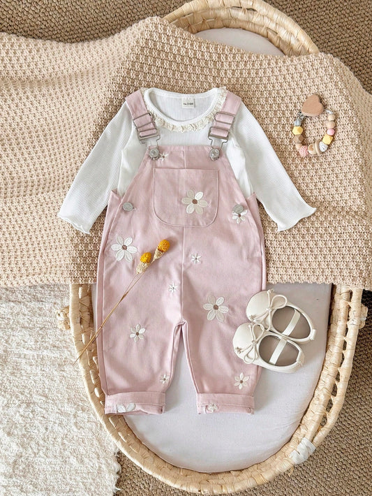 Baby Girls' Casual All-Over Embroidered Ditsy Floral Light Dungarees