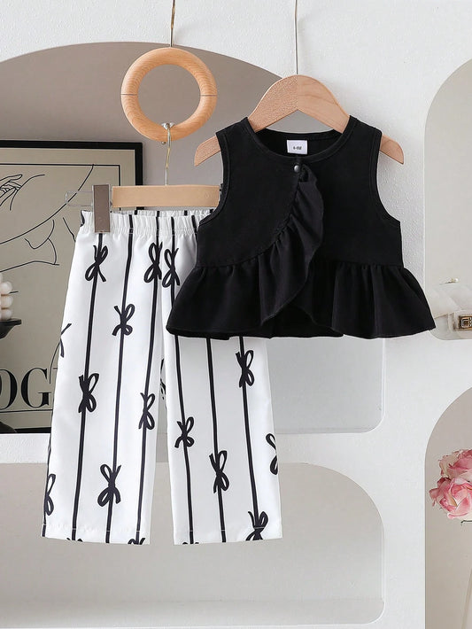 Ruffle Splice Asymmetrical Top And All-Over Butterfly Print Wide Leg Pants Set