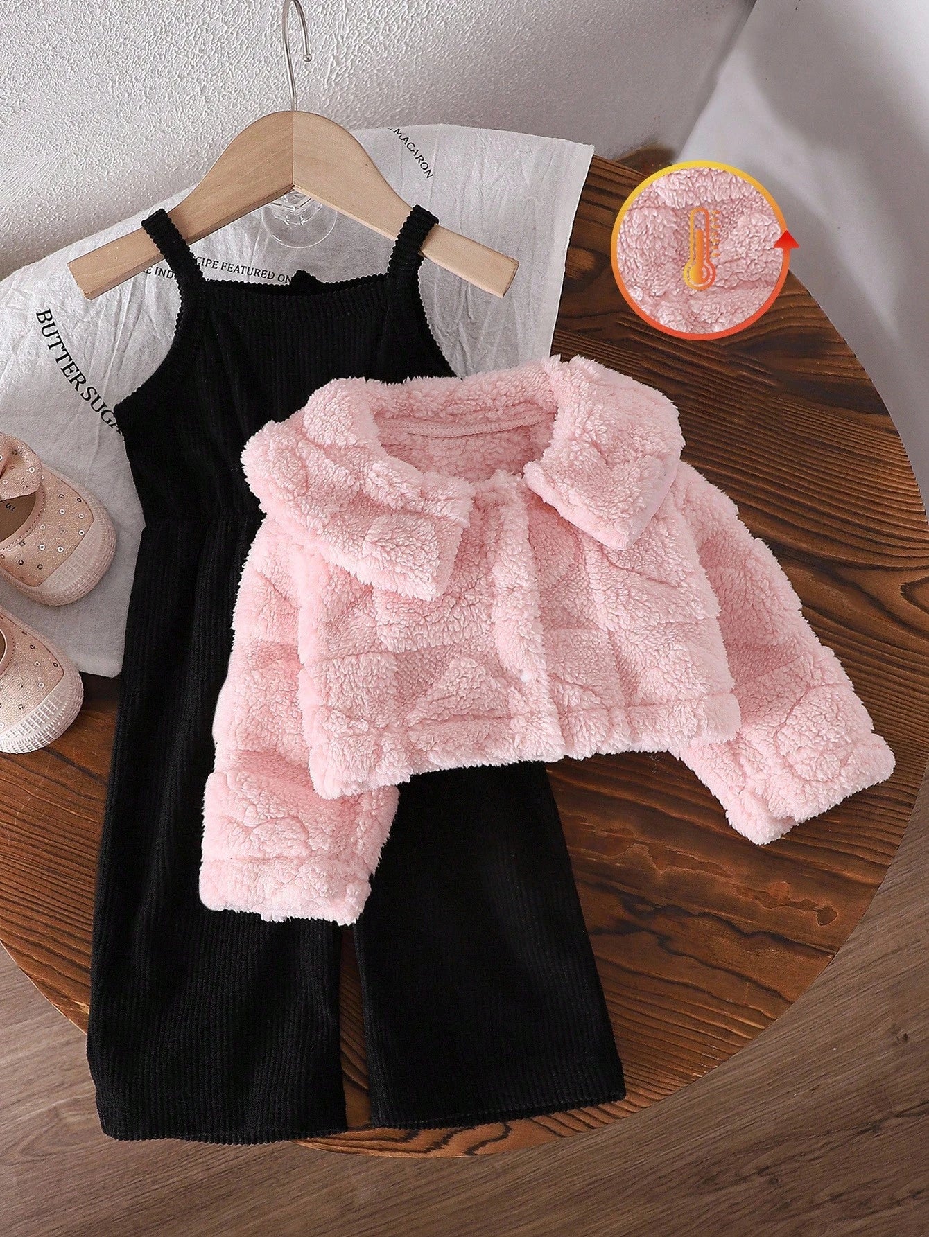 Casual Thicken Fleece Plaid Jacquard Jumpsuit Set Pink 2