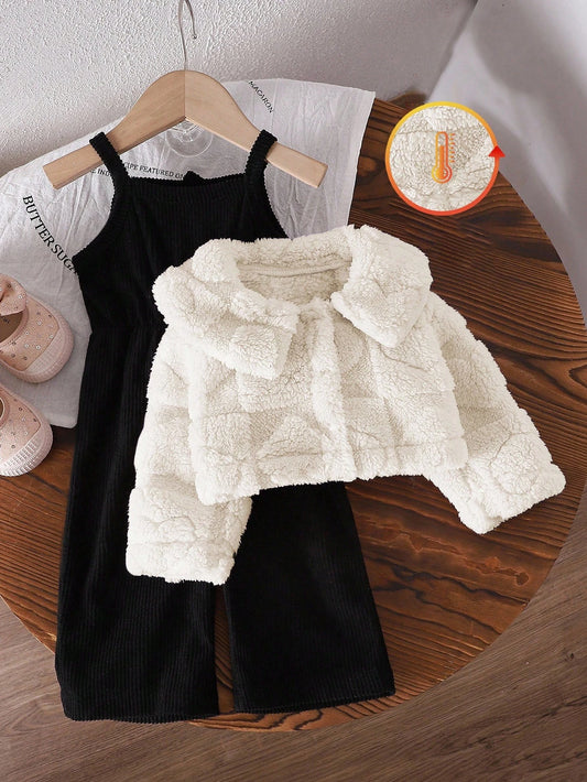 Baby Girls' Casual Thickened Fleece Plaid Jacquard Jumpsuit Set-S