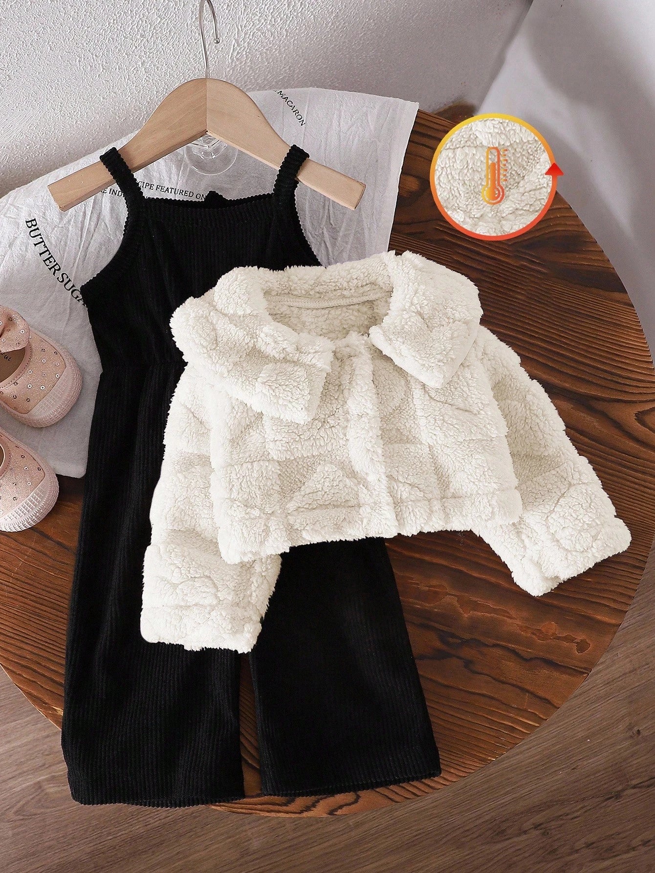 Casual Thicken Fleece Plaid Jacquard Jumpsuit Set White