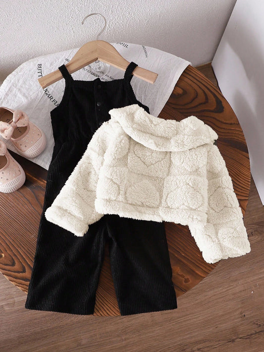 Mummy & Mee Baby Girls' Casual Thickened Fleece Plaid Jacquard Jumpsuit Set