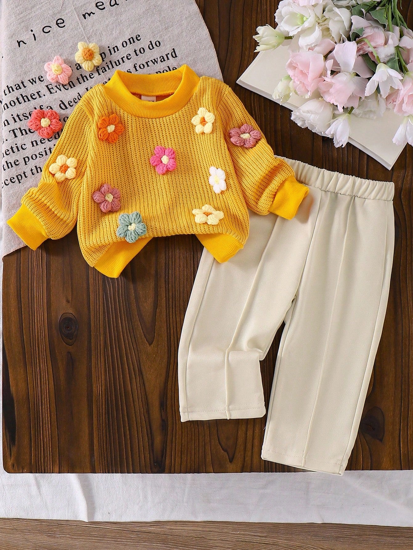 Floral Knitted Pullover Sweatshirt + Straight Leg Pants Yellow