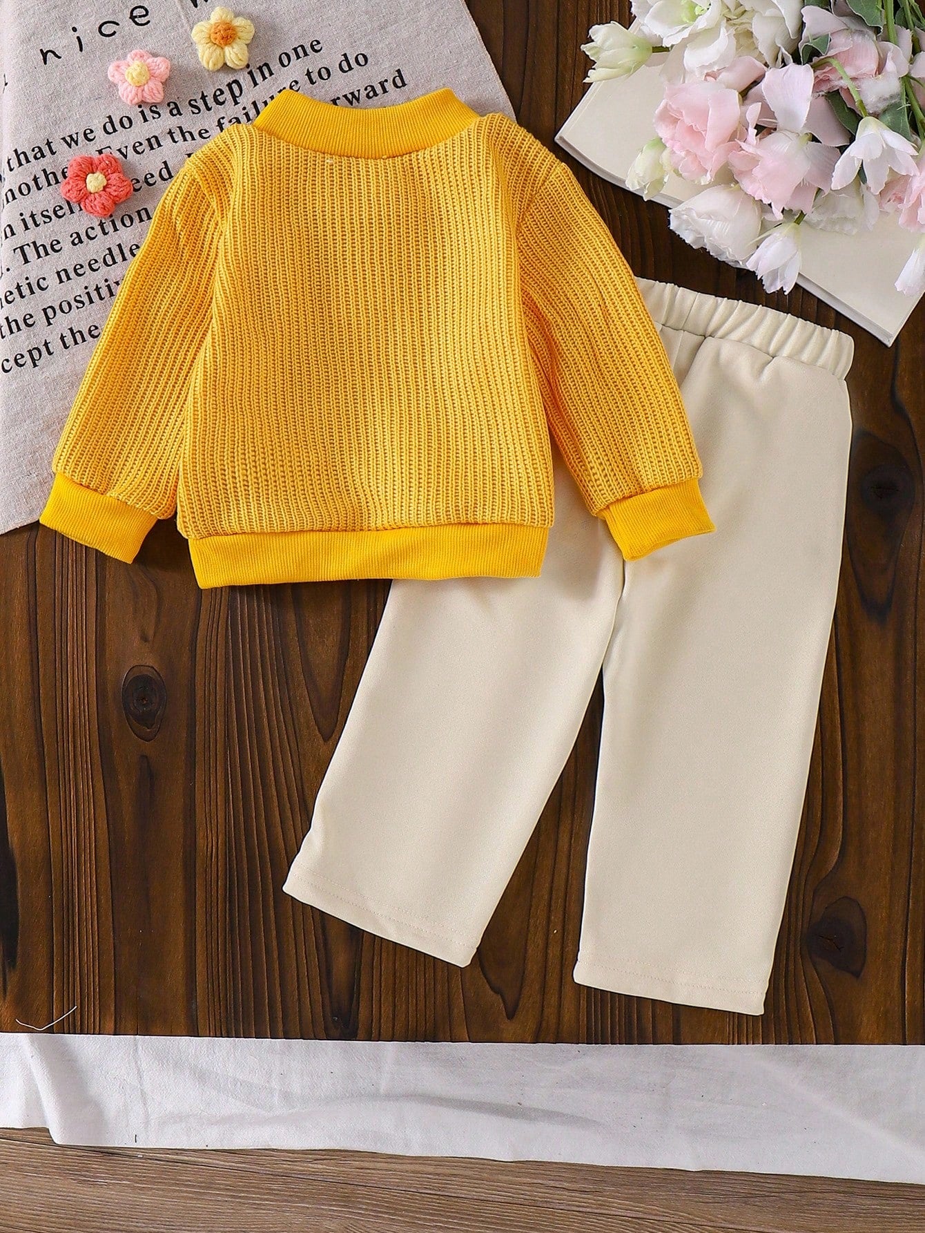 Floral Knitted Pullover Sweatshirt + Straight Leg Pants