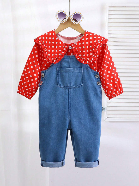 Baby Girls Polka Dot Shirt Top And Jumpsuit 2-Piece Outfit