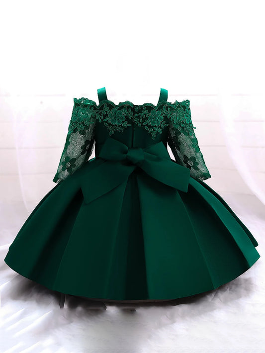 Baby Girls Lace Satin Solid Color Waist Bow Princess Dress