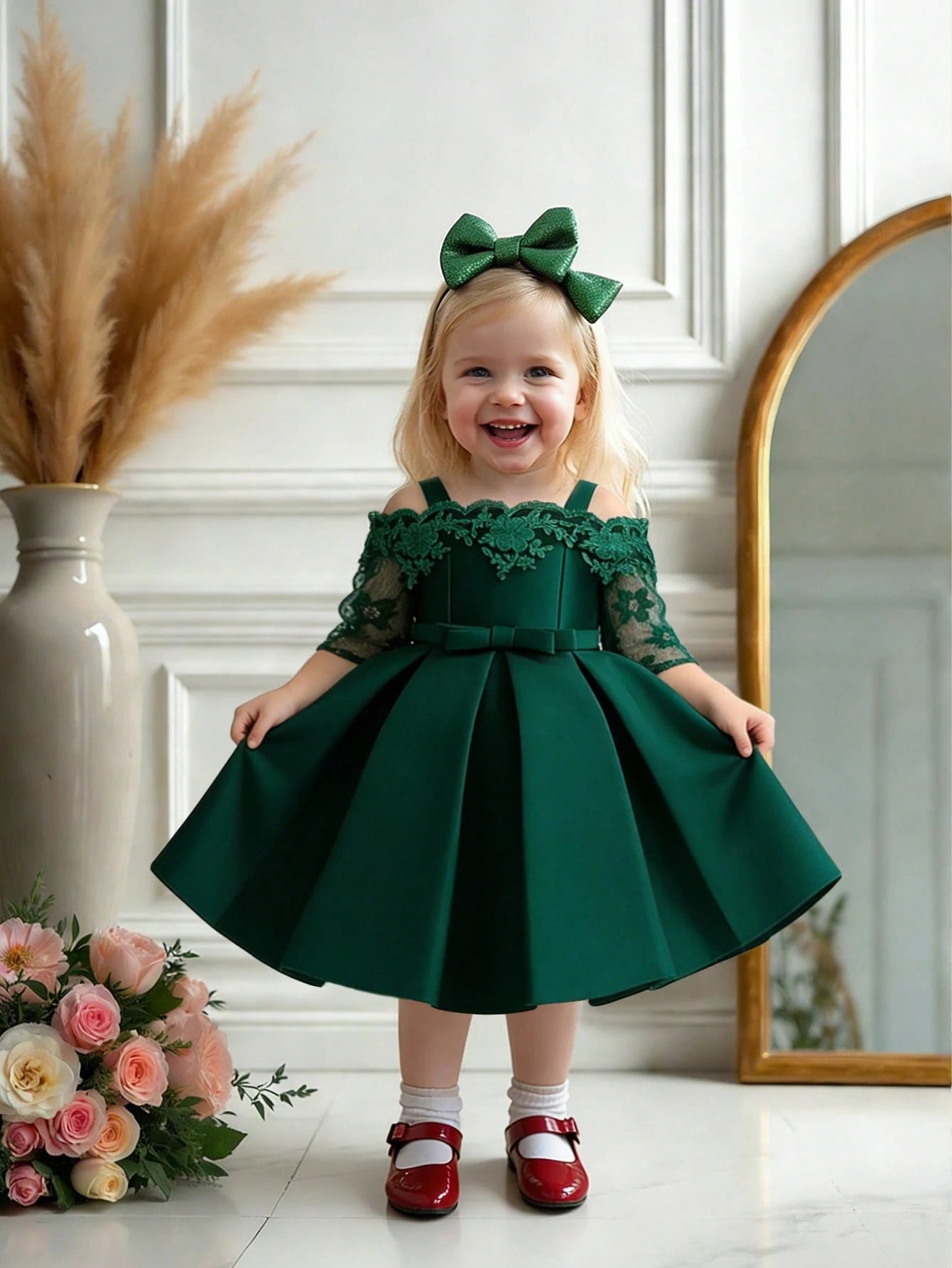 Baby Girls Lace Satin Solid Color Waist Bow Princess Dress
