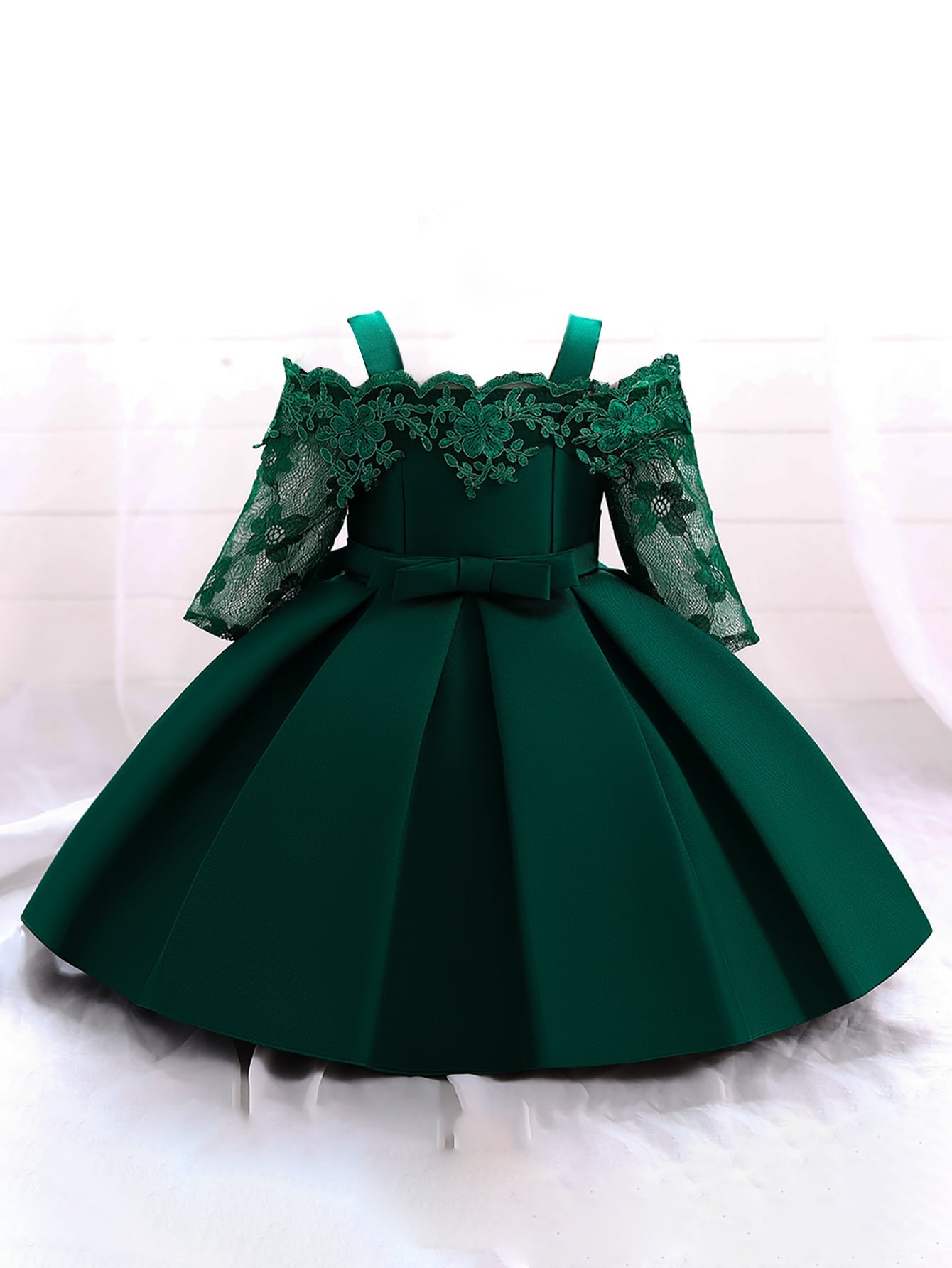 Baby Girls Lace Satin Solid Color Waist Bow Princess Dress