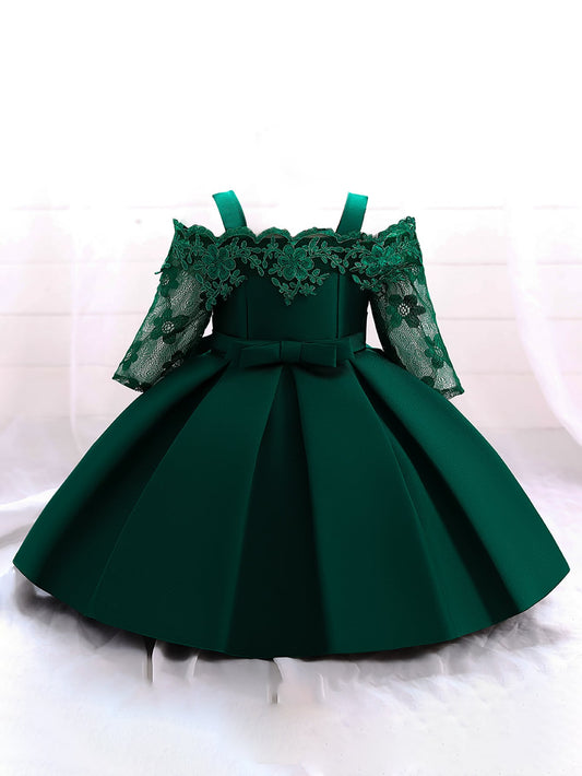Baby Girls Lace Satin Solid Color Waist Bow Princess Dress