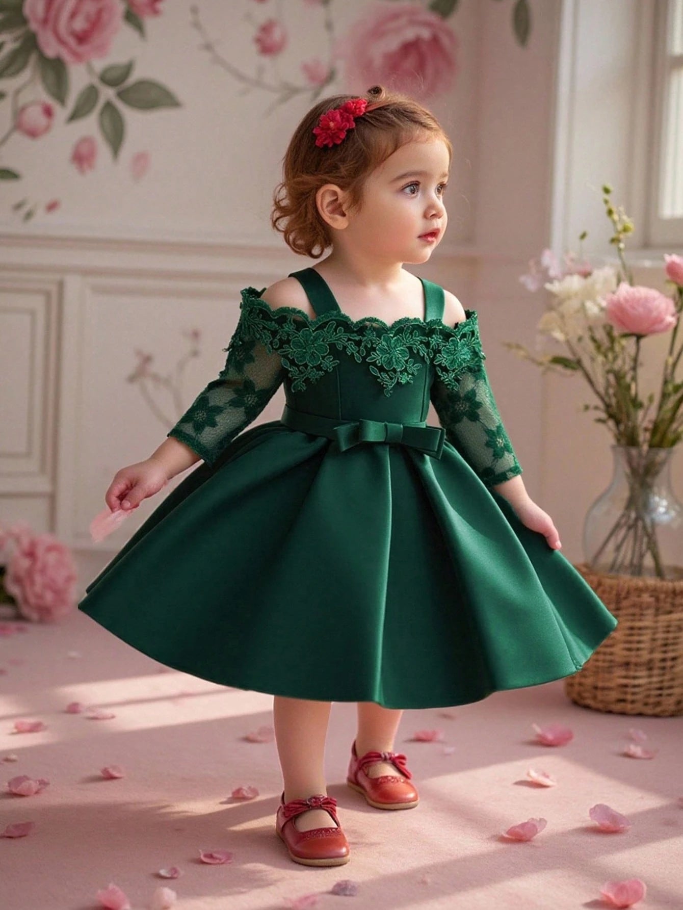 Baby Girls Lace Satin Solid Color Waist Bow Princess Dress