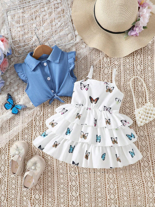 Baby Girl's Tie-Front Hem Shirt And Butterfly Printed Cami Dress Set