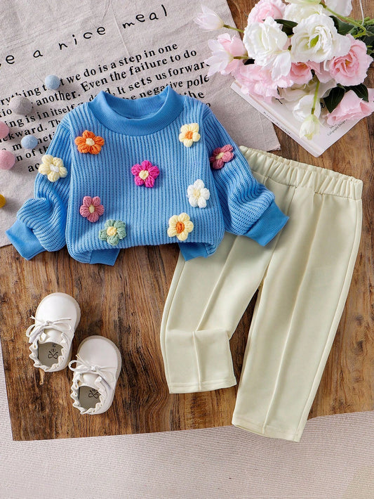 Floral Knitted Pullover Sweatshirt + Straight Leg Pants Blue