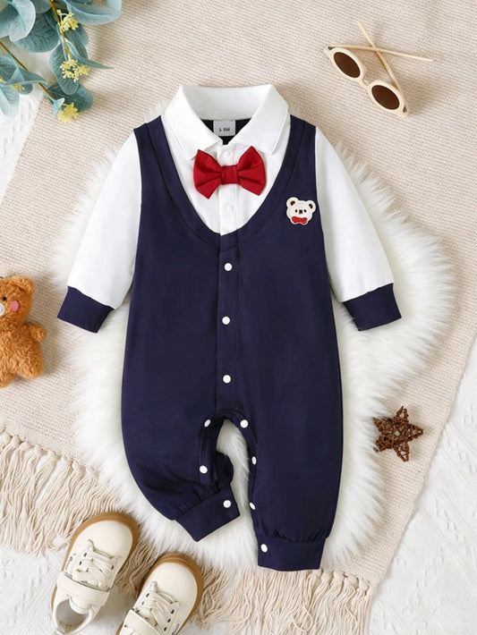 Bear Embroidery And Matching Bow Decor Long Sleeve Jumpsuit
