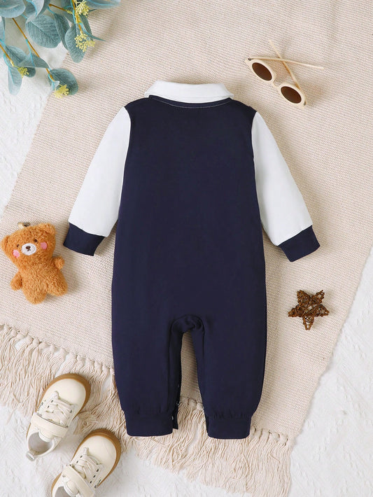 Bear Embroidery And Matching Bow Decor Long Sleeve Jumpsuit