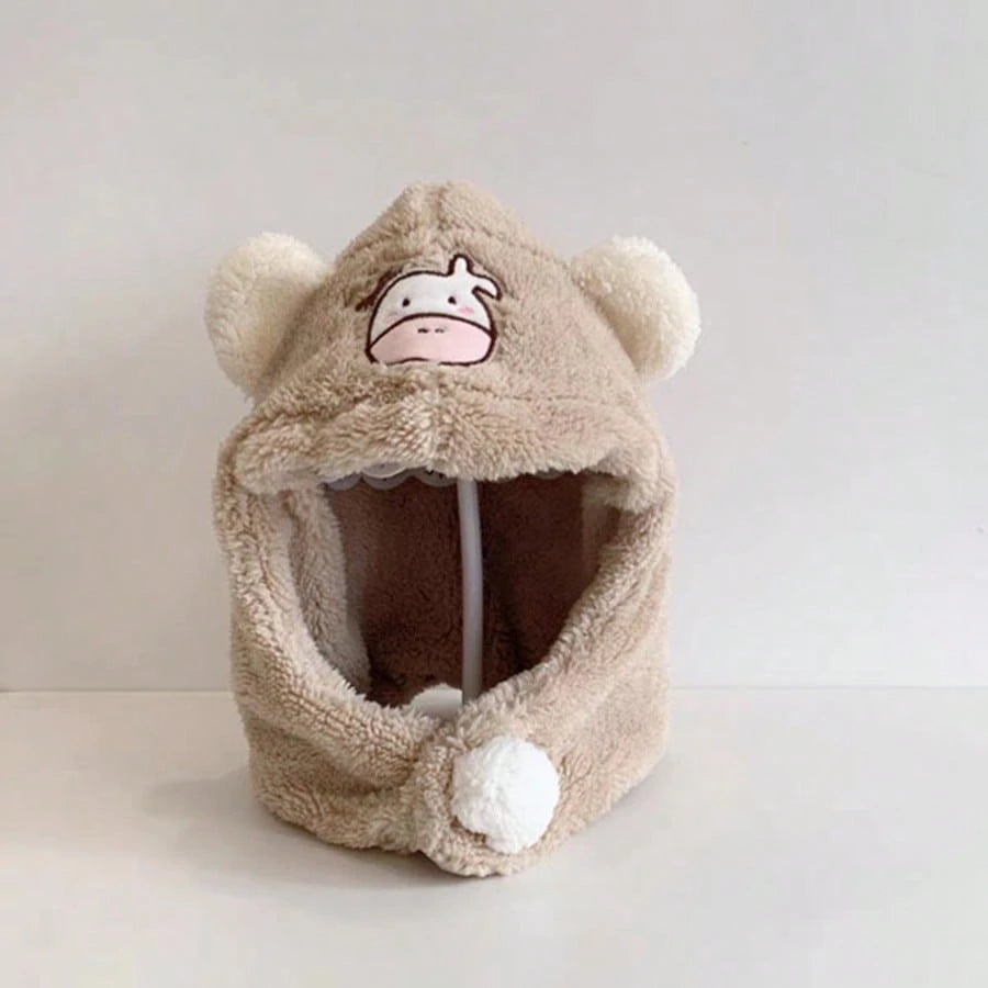 Cartoon Calf Embroidered Baby Infant One-Piece Hooded Hat Beige
