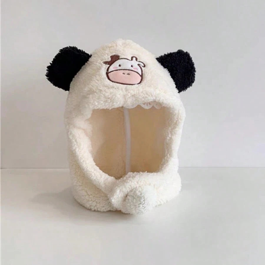 Cartoon Calf Embroidered Baby Infant One-Piece Hooded Hat Whiite