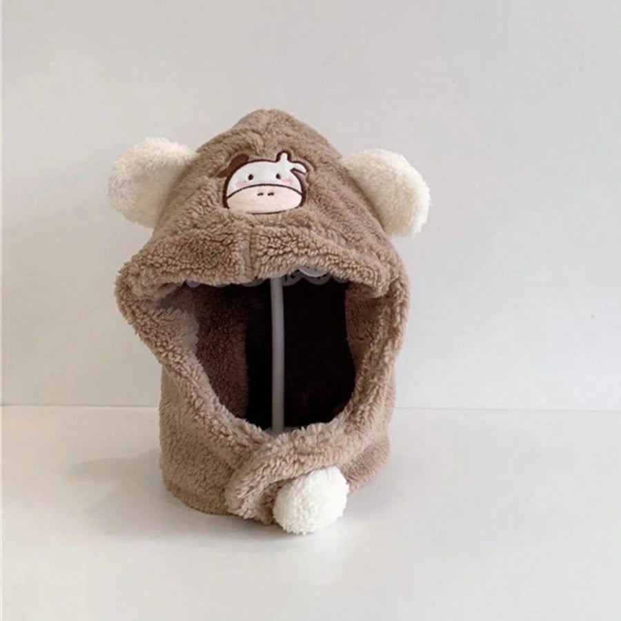 Cartoon Calf Embroidered Baby Infant One-Piece Hooded Hat Brown
