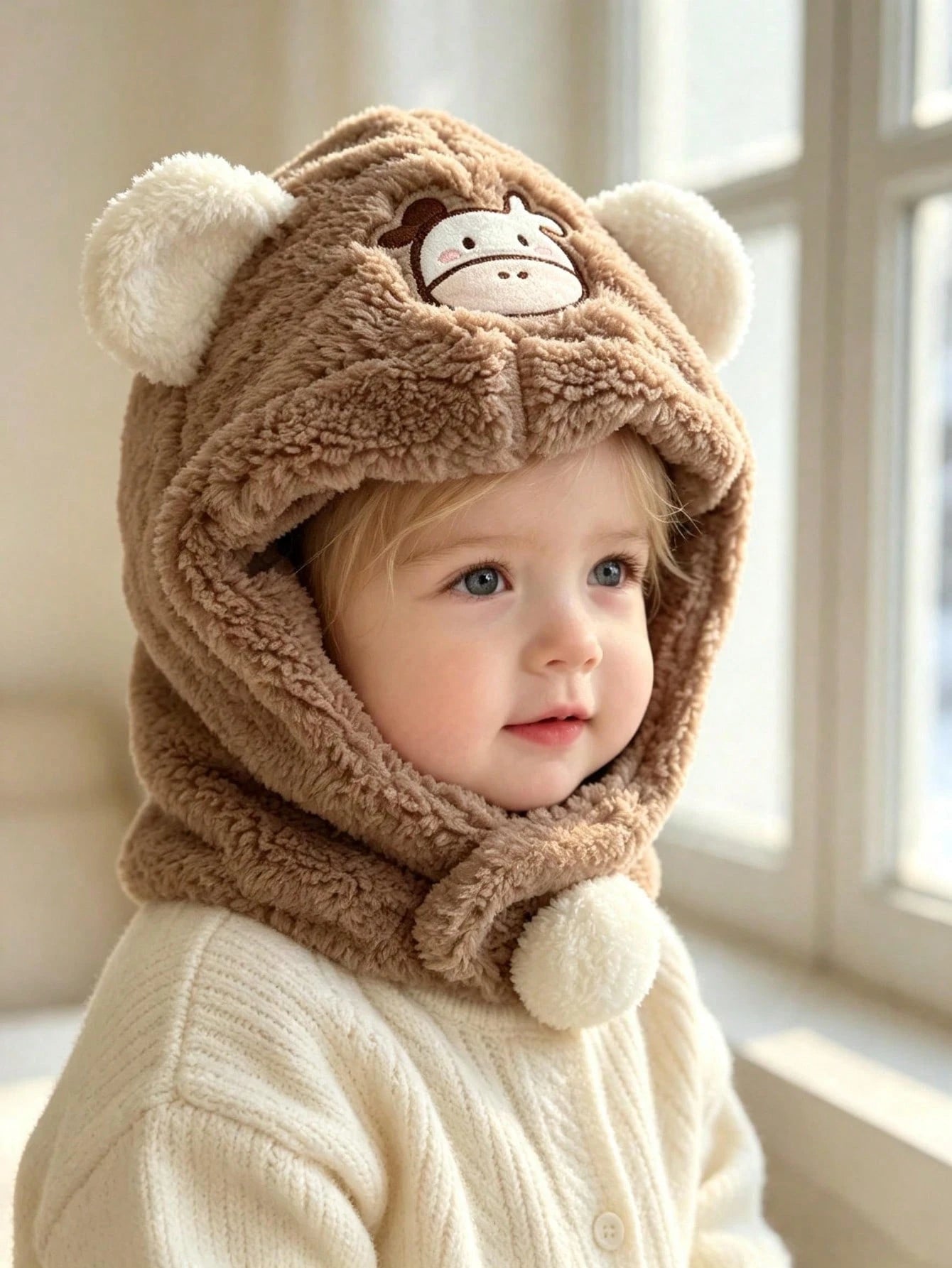 Cartoon Calf Embroidered Baby Infant One-Piece Hooded Hat