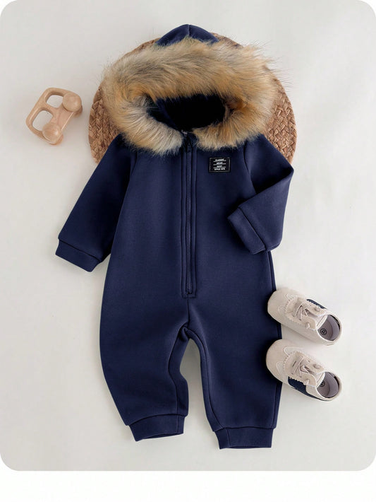 Baby Boys Casual Thermal Lined Plain Color Hoodie Jumpsuit Navy Blue