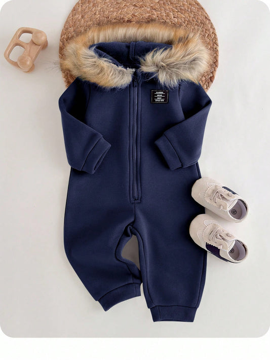 Mummy & Mee Casual College Style Comfortable Solid Color Knitted Thickened Hooded Jumpsuit 6-9M