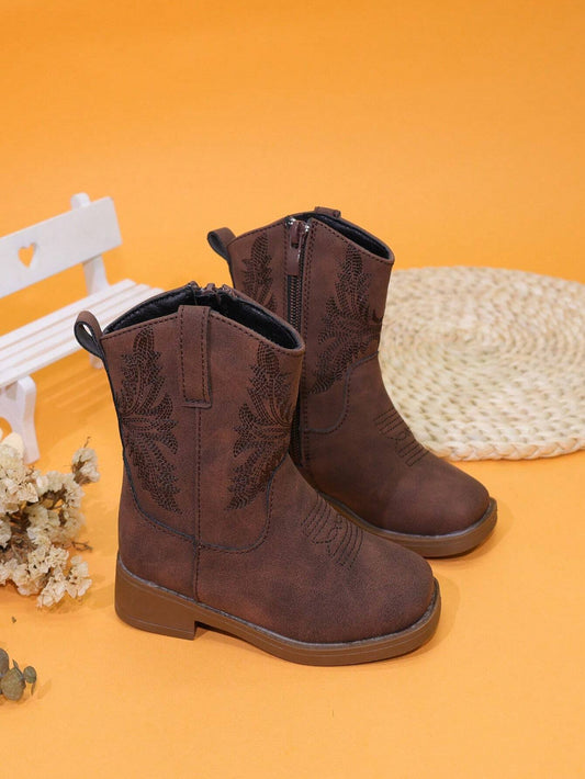 Embroidered High Heels Western Cowboy Boots Color Stitching Square Toe Side Zipper