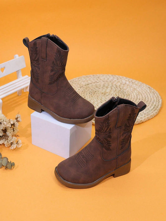 Embroidered High Heels Western Cowboy Boots Color Stitching Square Toe Side Zipper