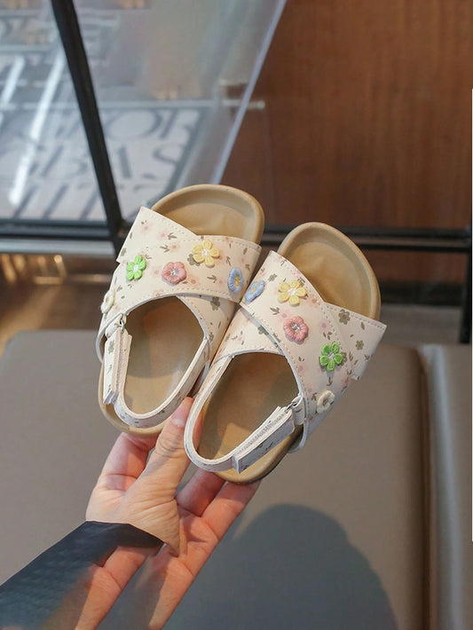 Floral Print Sandals, Cute Embroidered Floral Open Toe Shoes