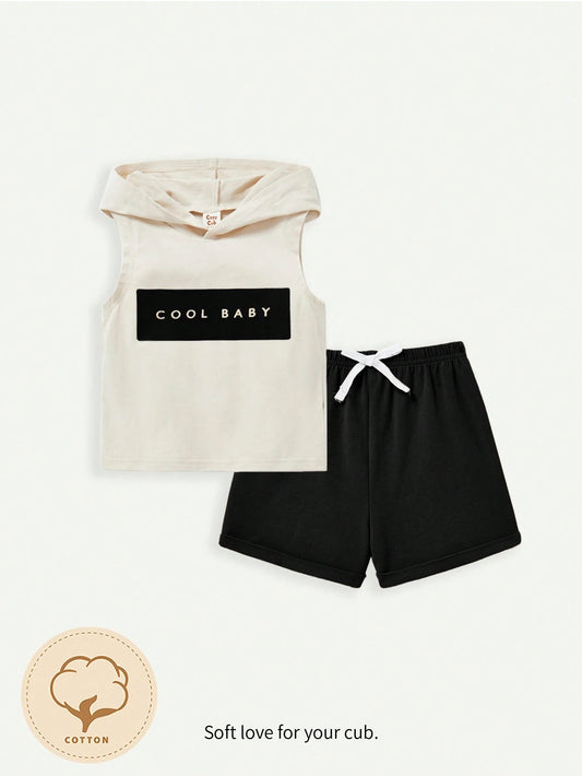 Cozy Cub Baby Boy Letter Printed Hooded Sleeveless Pullover Top And Solid Color Shorts Set Black