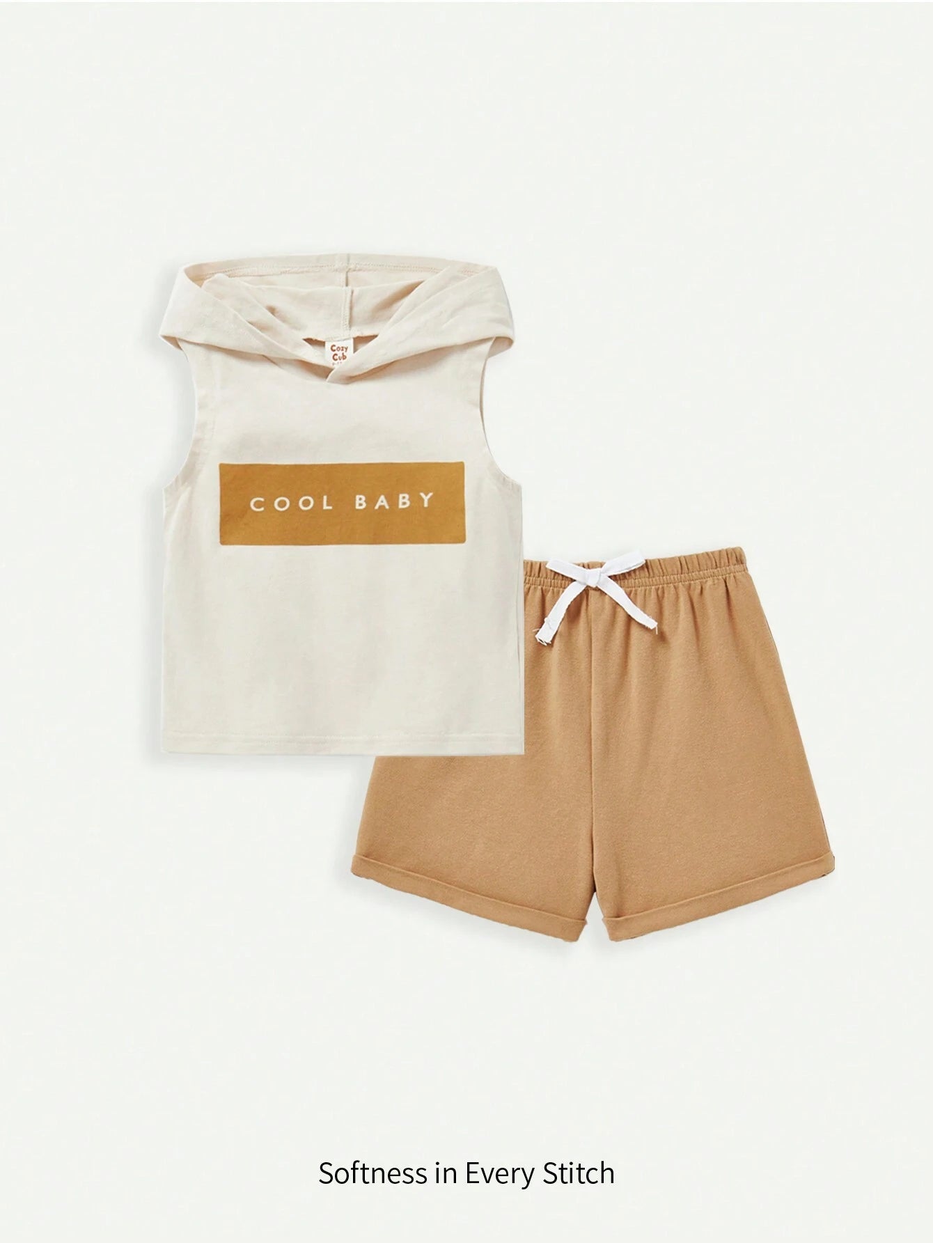 Cozy Cub Baby Boy Letter Printed Hooded Sleeveless Pullover Top And Solid Color Shorts Set Apricot