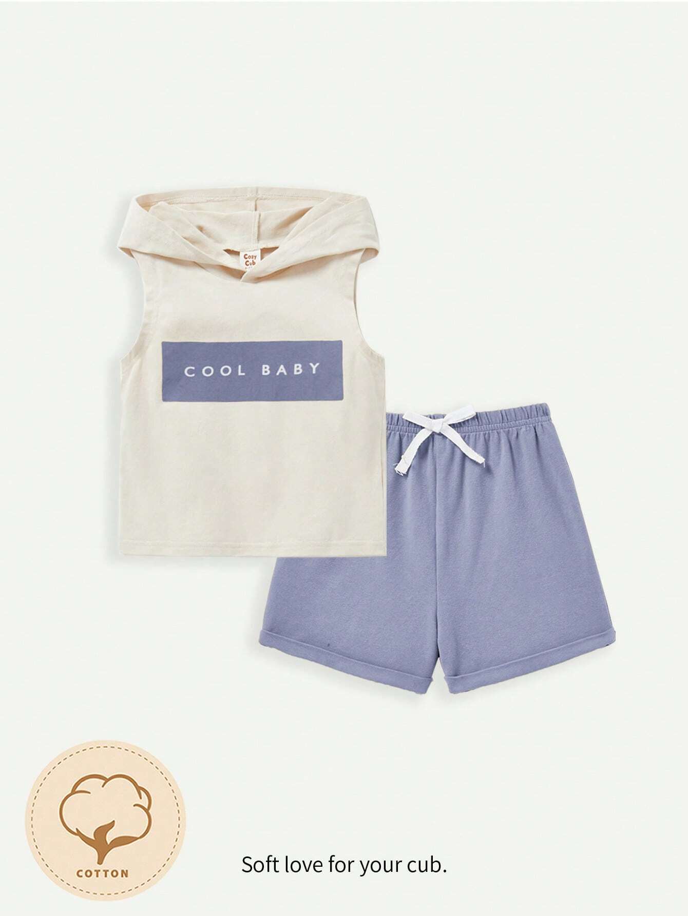 Cozy Cub Baby Boy Letter Printed Hooded Sleeveless Pullover Top And Solid Color Shorts Set Blue