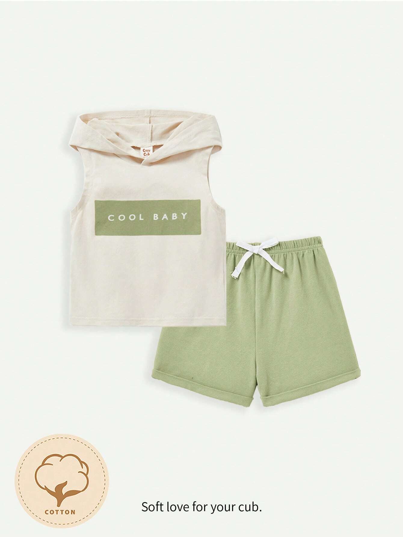 Cozy Cub Baby Boy Letter Printed Hooded Sleeveless Pullover Top And Solid Color Shorts Set Green