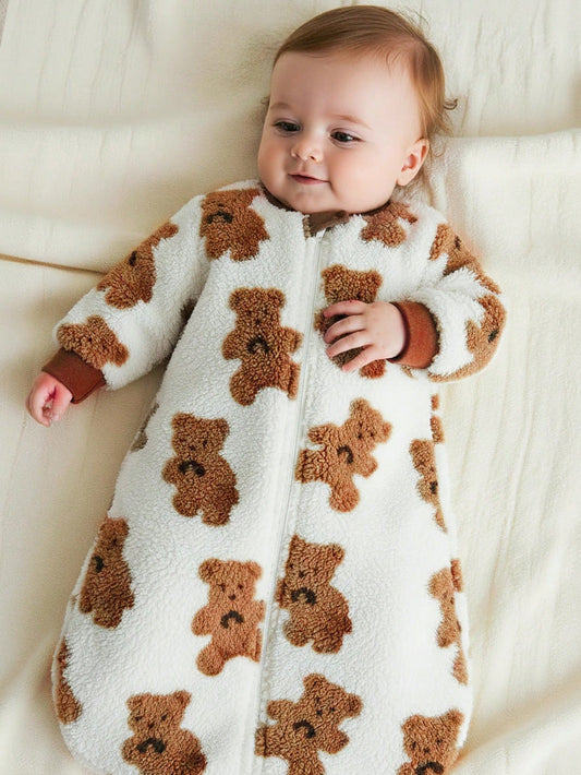 Double-Sided Velvet Bear Print Long-Sleeved Sleeping Bag