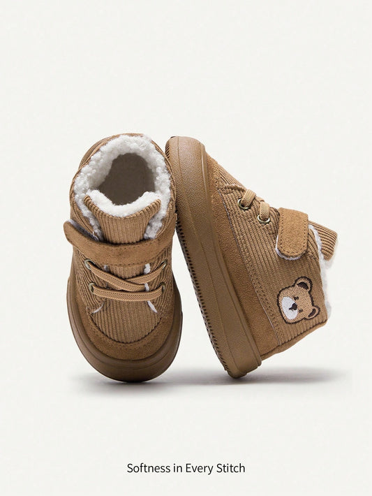Cozy Pixies 1 Pair Baby Boys' Camel Bear Flat Cartoon Cute Comfortable Plush Lined Casual Mid-Top Winter Shoes Camel