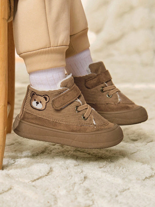 Cozy Pixies 1 Pair Baby Boys' Camel Bear Flat Cartoon Cute Comfortable Plush Lined Casual Mid-Top Winter Shoes