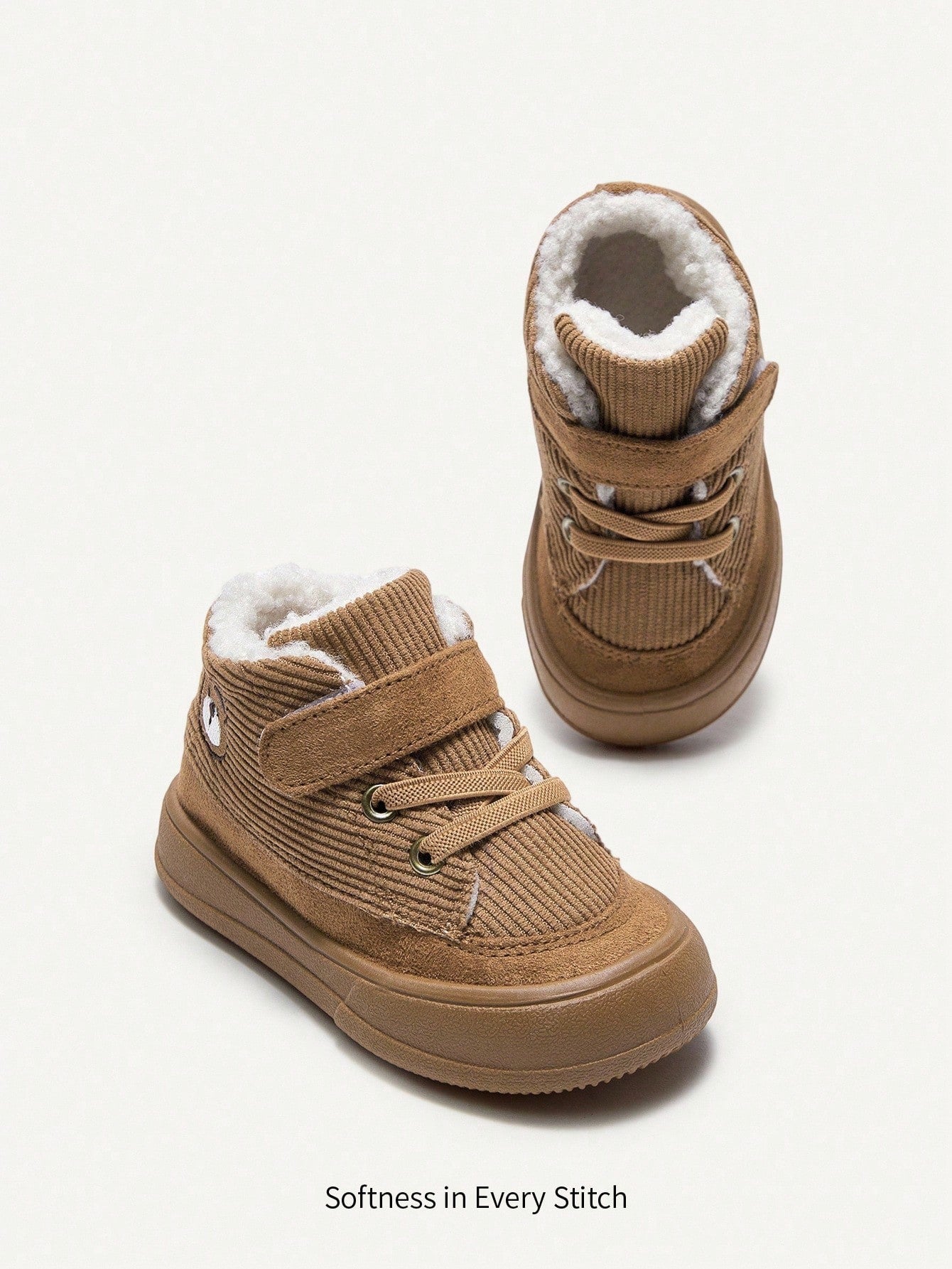 Cozy Pixies 1 Pair Baby Boys' Camel Bear Flat Cartoon Cute Comfortable Plush Lined Casual Mid-Top Winter Shoes