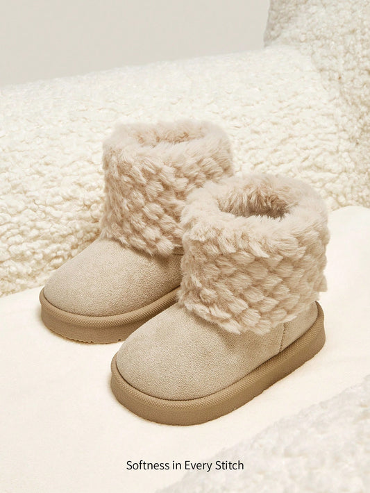 1 Pair Baby Girls' Beige Faux Fur Flat Comfortable Warm Lined High-Top Boots